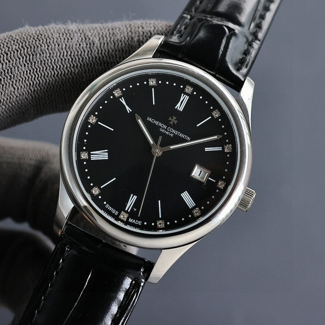 Vacheron Constantin wristwatch with black dial, silver case, black leather strap, roman markers