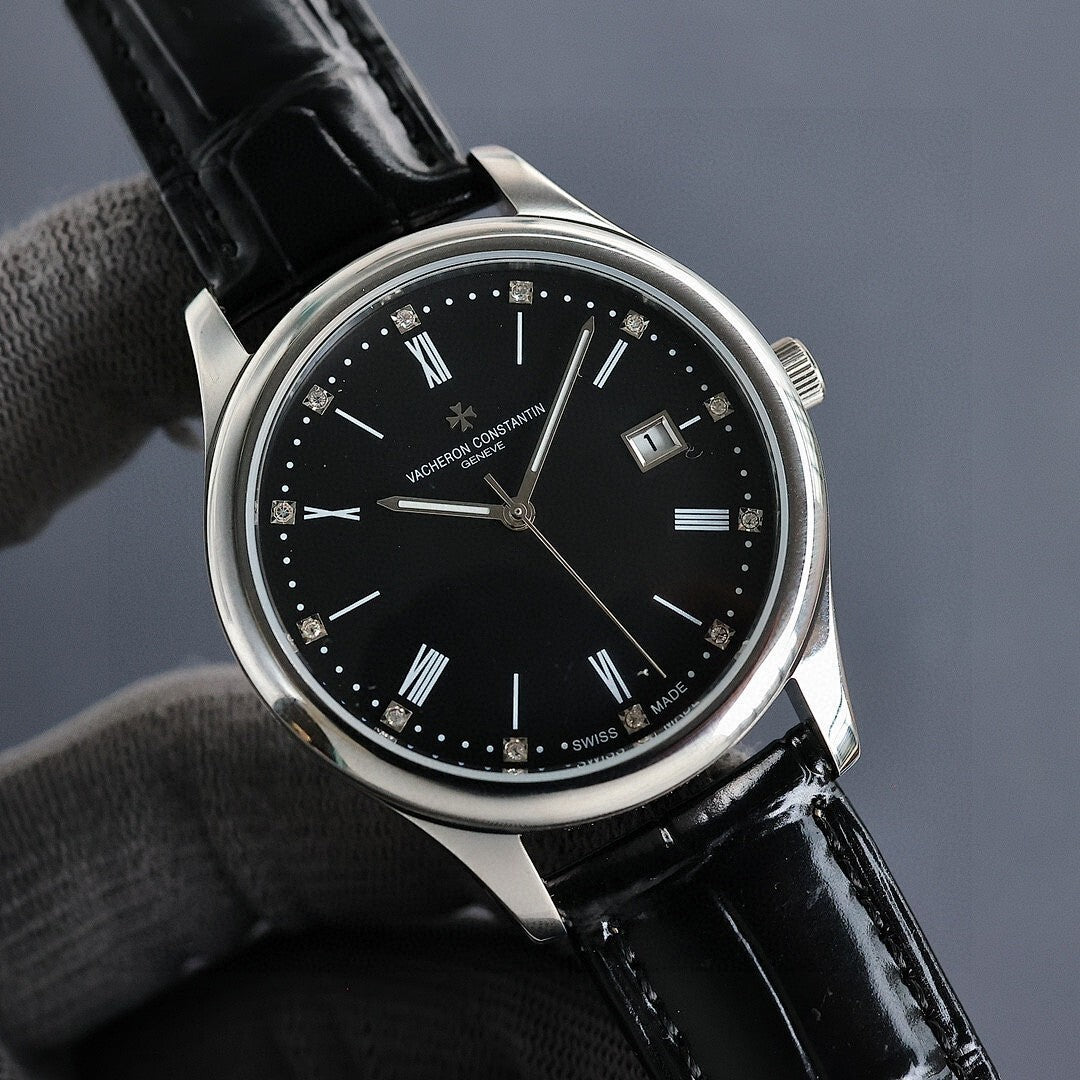 Vacheron Constantin wristwatch front view with black dial, silver case, black leather strap