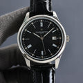 Vacheron Constantin wristwatch with black dial, silver case, black leather strap, roman numerals