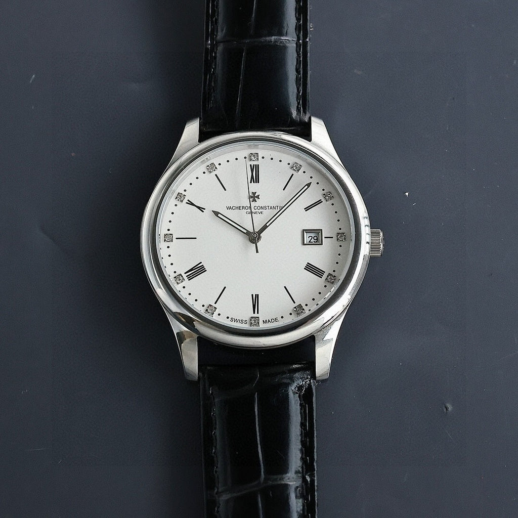 Vacheron Constantin wristwatch with white dial, silver case, black leather strap, Roman hour marks