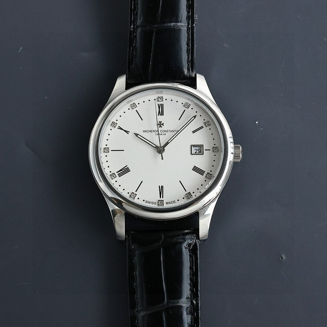 Vacheron Constantin wristwatch with white dial, silver case, black leather strap, Roman hour marks