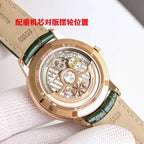 Vacheron Constantin watch open caseback with visible mechanical movement and green leather strap.