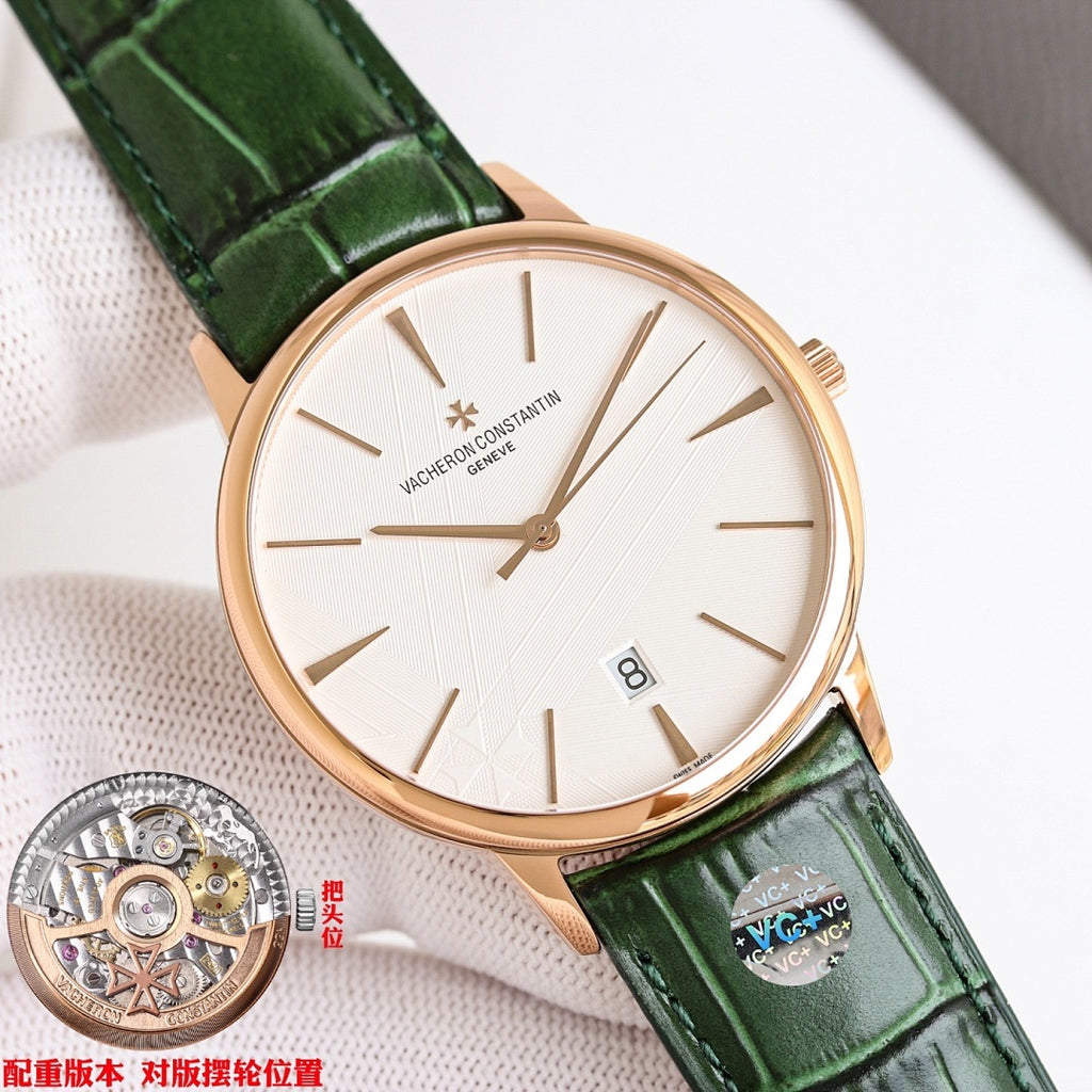 Vacheron Constantin watch with white dial and green leather strap, rose gold case in 3/4 view.