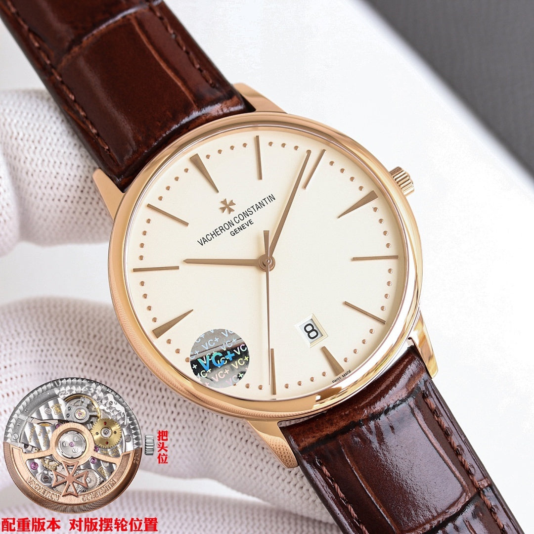 Vacheron Constantin watch with cream dial and brown leather strap, rose gold case and bezel.