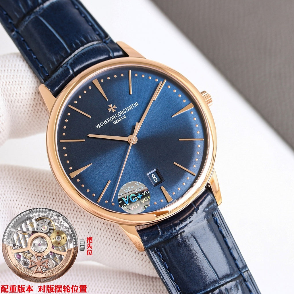 Vacheron Constantin watch with blue dial and navy leather strap, rose gold case 3/4 view.