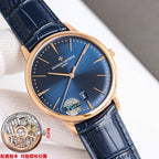 Vacheron Constantin watch with blue dial and navy leather strap, rose gold case 3/4 view.