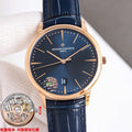 Vacheron Constantin watch with dark blue dial and navy leather strap on wrist strap side view.