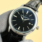 Vacheron Constantin wristwatch with black dial, silver case, black leather strap, date 29