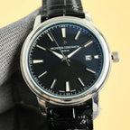 Vacheron Constantin wristwatch with dark blue-black dial, silver case, black leather strap, date 29