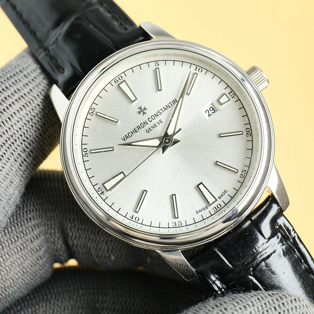 Vacheron Constantin wristwatch with light silver dial, silver case, black leather strap, date 29