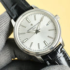 Vacheron Constantin wristwatch with light silver dial, silver case, black leather strap, date 29