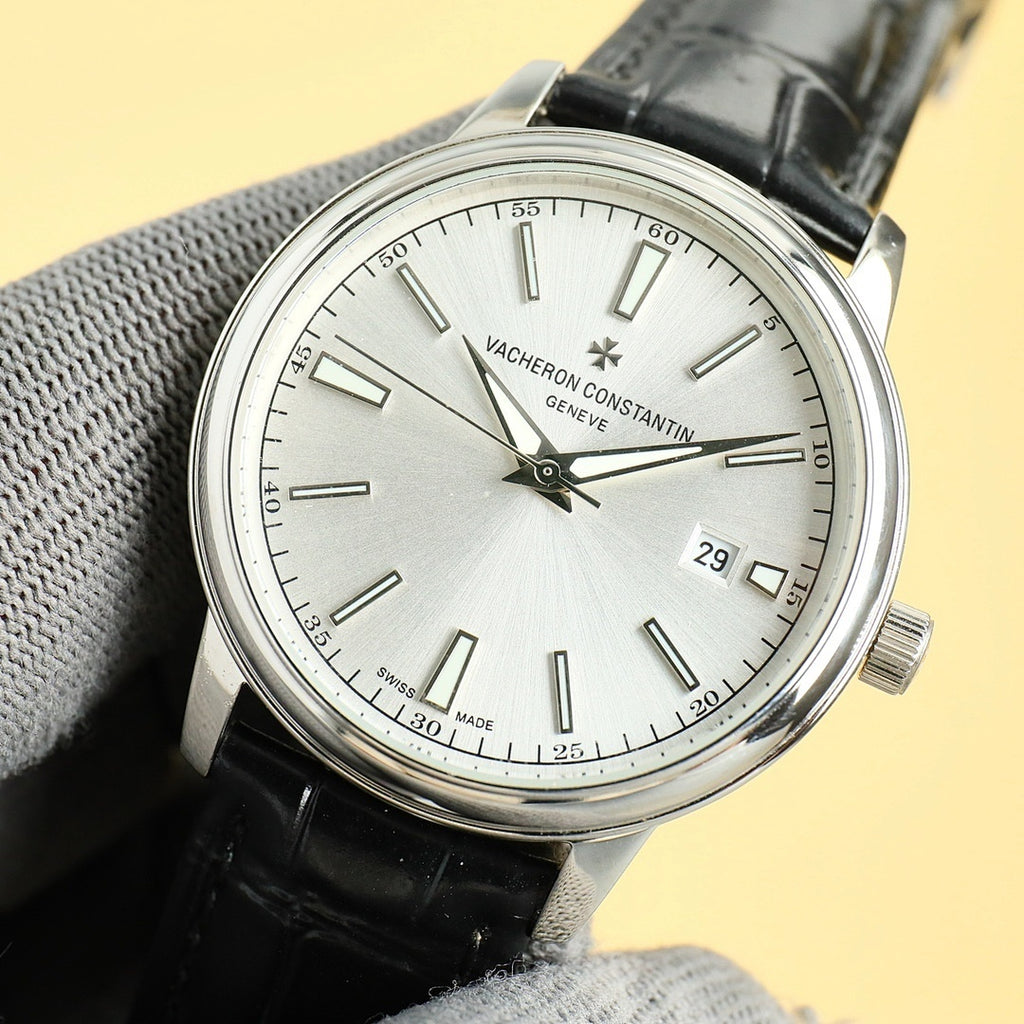 Vacheron Constantin wristwatch close-up with light silver dial, black leather strap, date 29