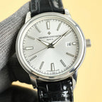 Vacheron Constantin wristwatch with silver case, black leather strap, light silver dial, date 29