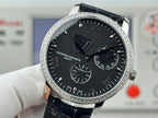 Vacheron Constantin wristwatch with black dial, roman numerals, and black leather strap