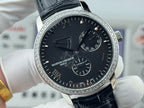 Vacheron Constantin watch close-up with black dial, roman numerals, and black leather strap