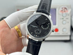 Vacheron Constantin wristwatch with black dial and black leather strap, three-quarter view