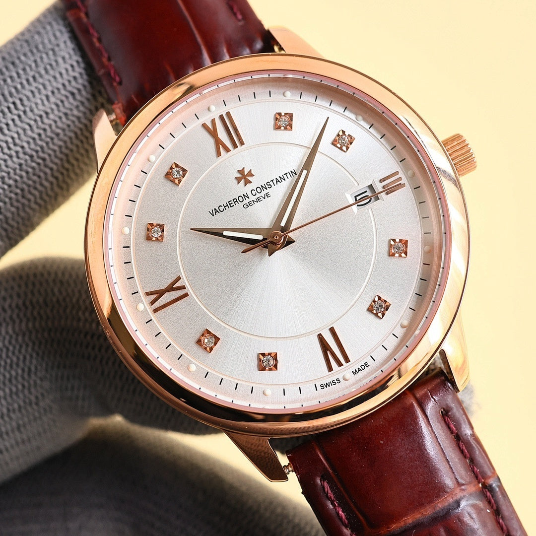 Wristwatch with rose-gold case, white dial, diamond markers, brown leather strap.