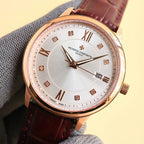 Wristwatch with rose-gold case, white dial, Roman numerals, diamond markers, brown strap.