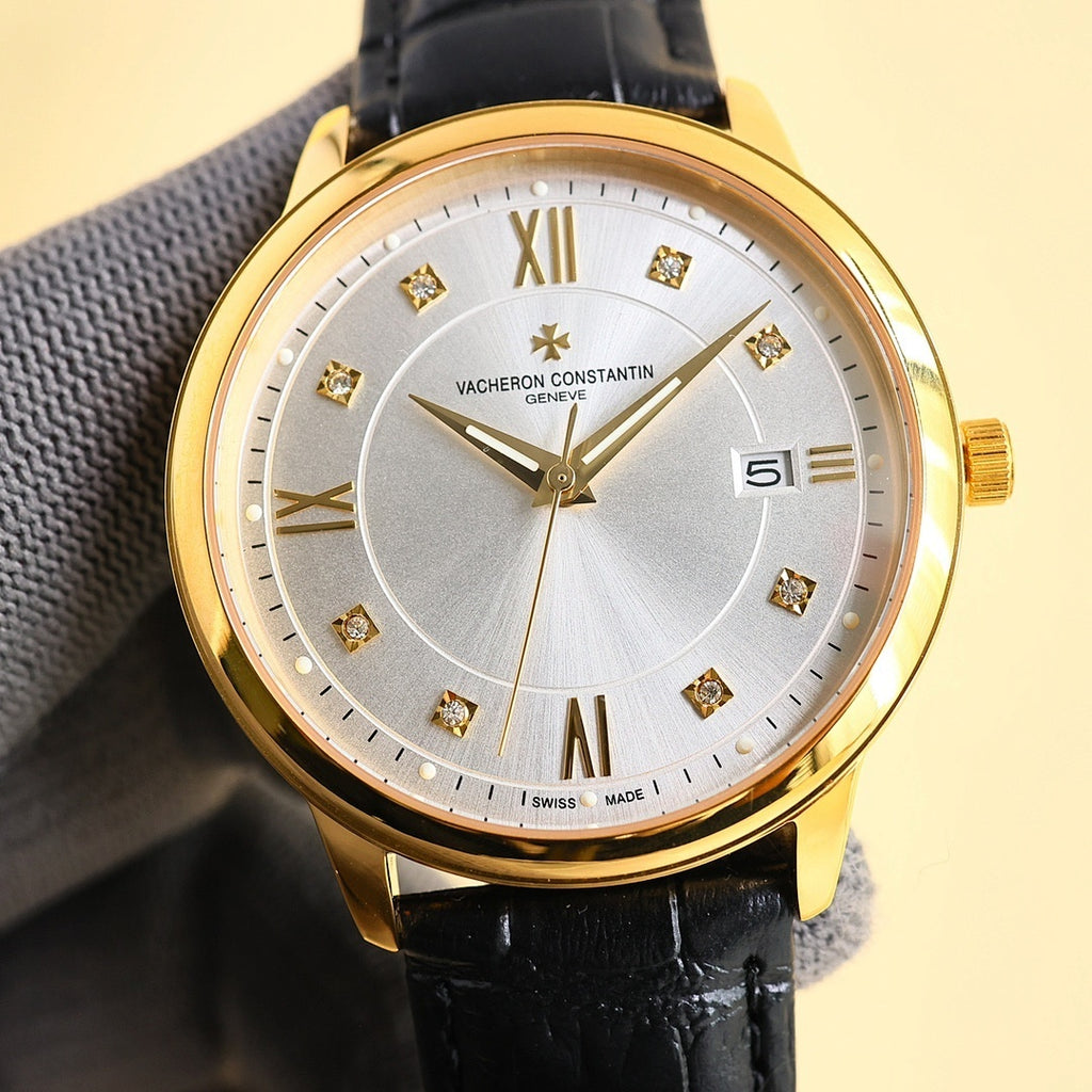 Vacheron Constantin watch, gold case, white dial with Roman numerals, black leather strap.