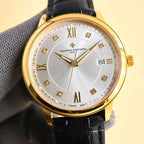 Vacheron Constantin watch, gold case, white dial with Roman numerals, black leather strap.