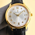 Vacheron Constantin watch with gold case, white dial, diamond markers, black leather strap.