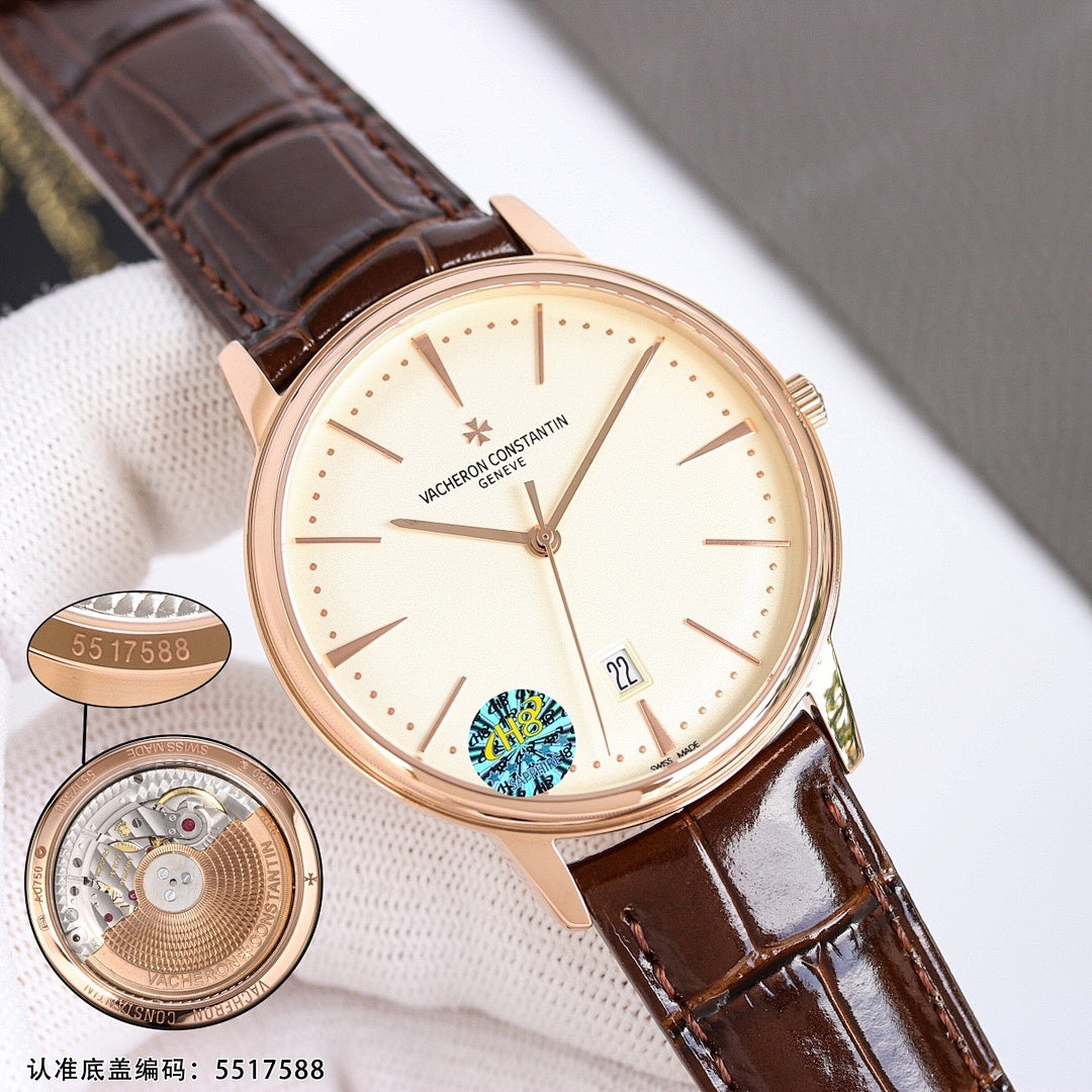 Vacheron Constantin watch with champagne dial, rose-gold case, brown leather strap