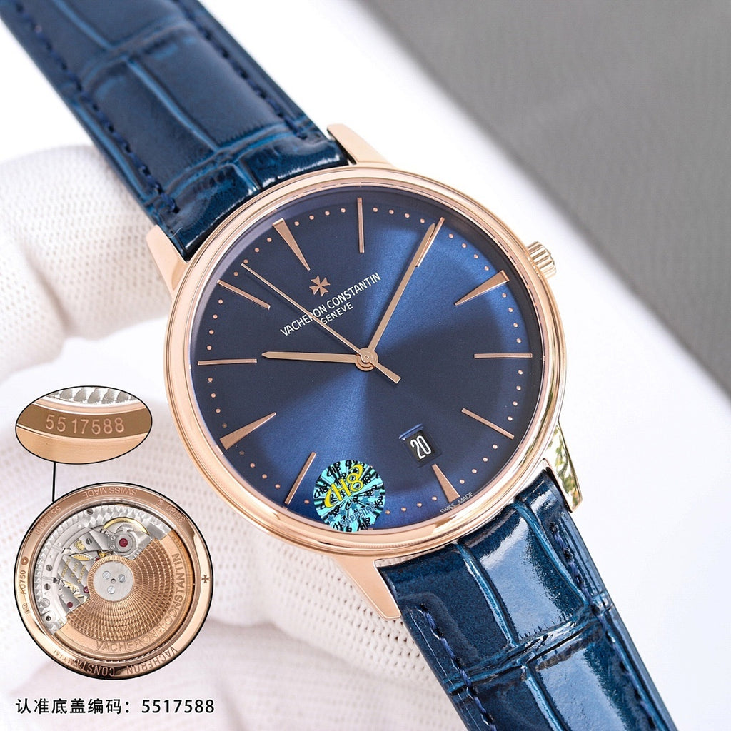 Vacheron Constantin watch with blue dial, rose-gold case, blue leather strap