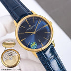 Vacheron Constantin watch with blue dial, gold case, blue leather strap