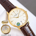 Vacheron Constantin watch with white dial, gold case, brown leather strap, slender hands