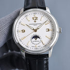 Automatic wristwatch, silver case, cream dial, black leather strap with subdial