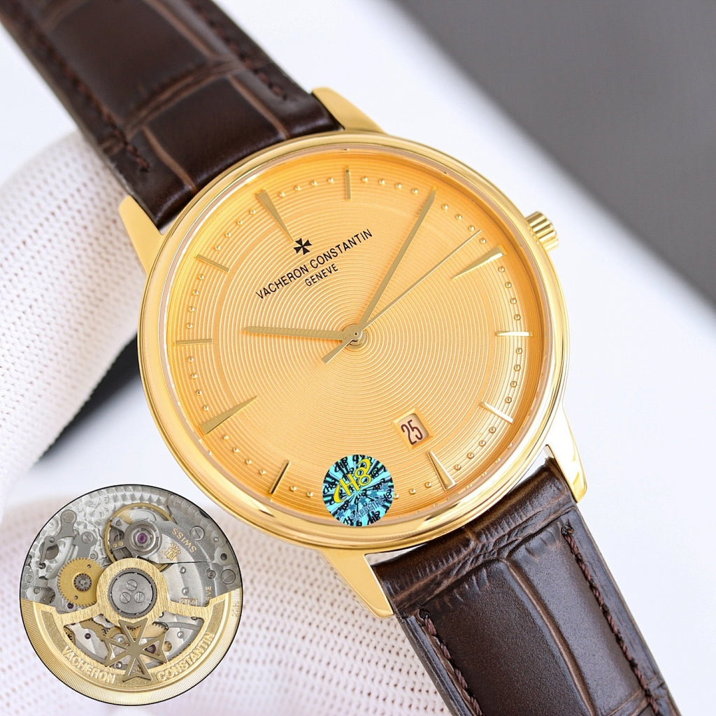 Gold dress watch with white dial, brown leather strap, gold hands, and date window at 25