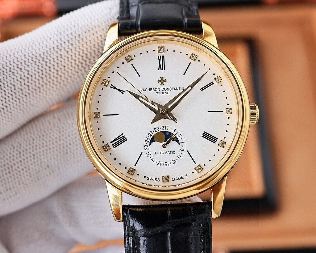 Vacheron Constantin wristwatch with white dial, Roman numerals, black leather strap