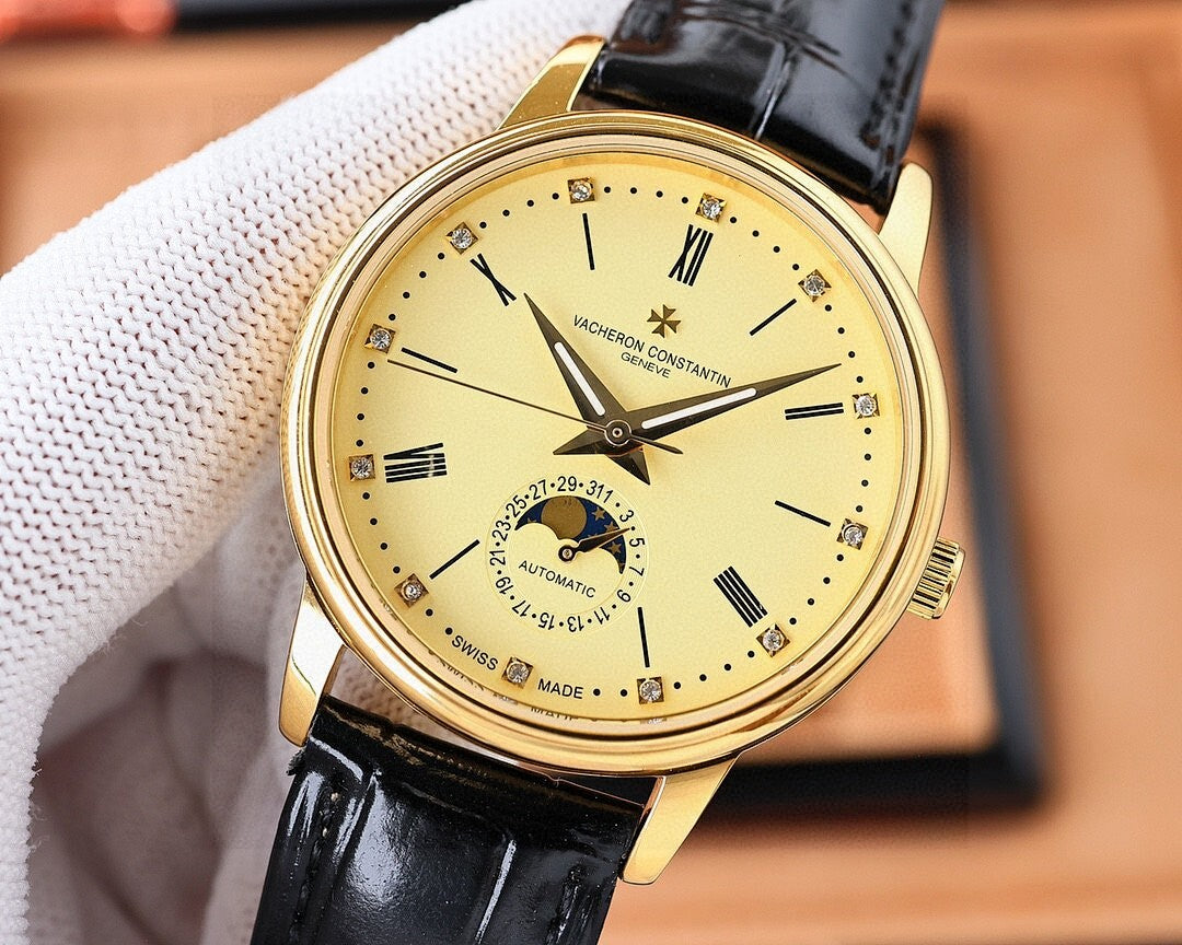 Vacheron Constantin wristwatch close-up, champagne dial, black leather strap