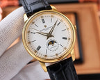 Vacheron Constantin wristwatch with white dial, gold case, black leather strap angled view