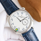 Wristwatch with blue leather strap and white dial, roman numeral markers and subdial at 3 o’clock