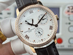 Luxury wristwatch face close-up with rose-gold bezel, Roman numerals, black leather strap.