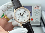Luxury wristwatch front close-up with white dial, rose-gold bezel, black leather strap, subdials.