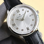 Dress watch with white dial, diamond hour markers, Roman numerals, date window 5, leather strap