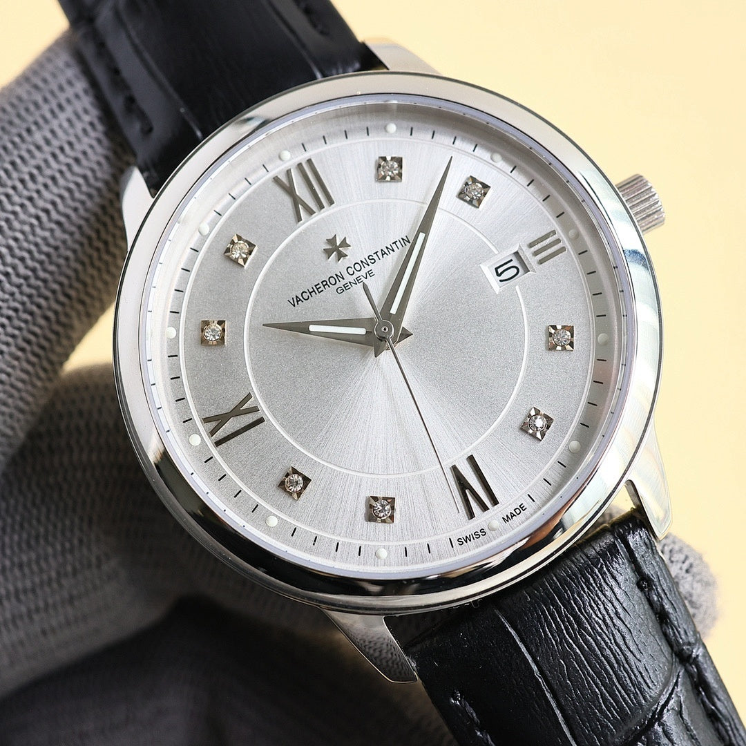 Dress watch with white dial, diamond hour markers, Roman numerals, date window 5, leather strap