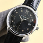 Dress watch with black dial, diamond markers, Roman numerals, date window 14, leather strap