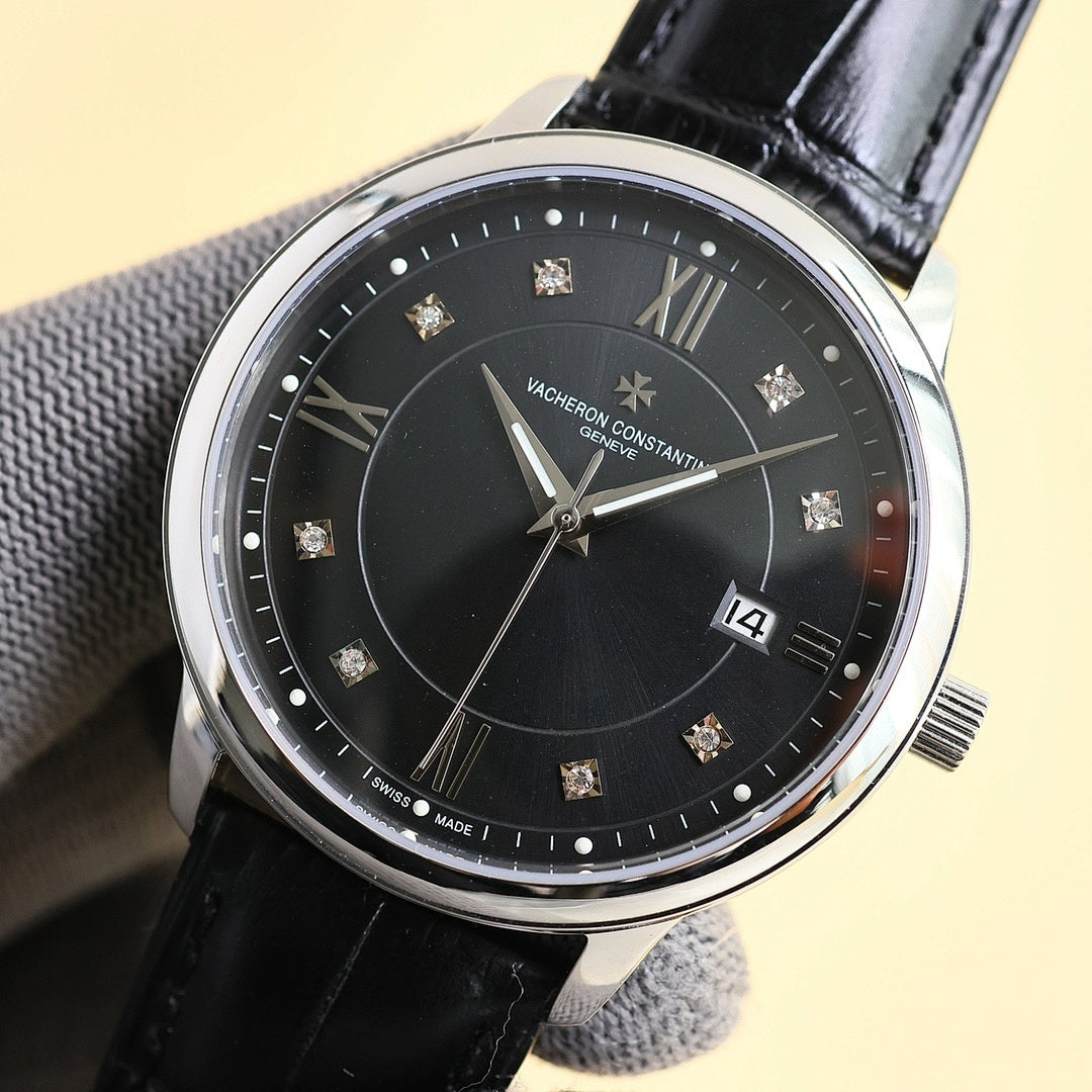 Dress watch with black dial, diamond markers, Roman numerals, date window 14, leather strap