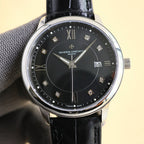 Dress watch with black dial, diamond markers, Roman numerals, date window 4, leather strap