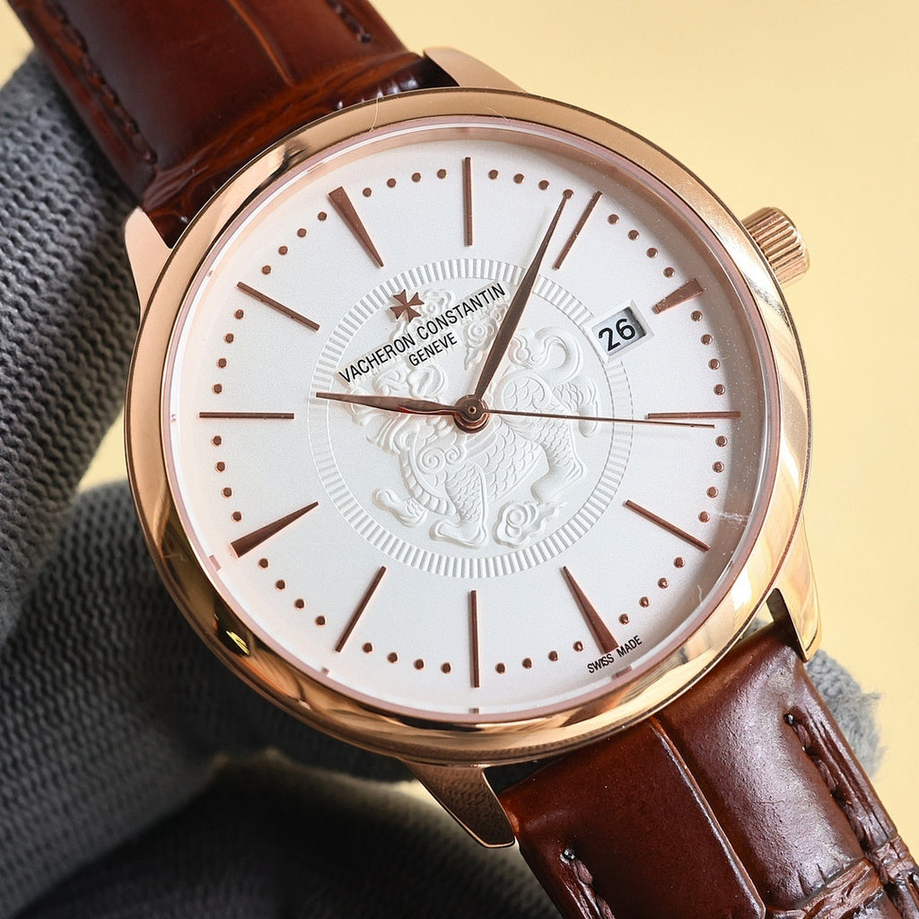 Rose-gold watch on brown leather strap, white dial, dot markers, date 26 window