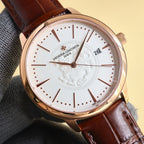 Rose-gold watch on brown leather strap, white dial, dot markers, date 26 window