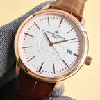 Rose-gold watch, white dial, brown leather strap, dot markers, date 26 window