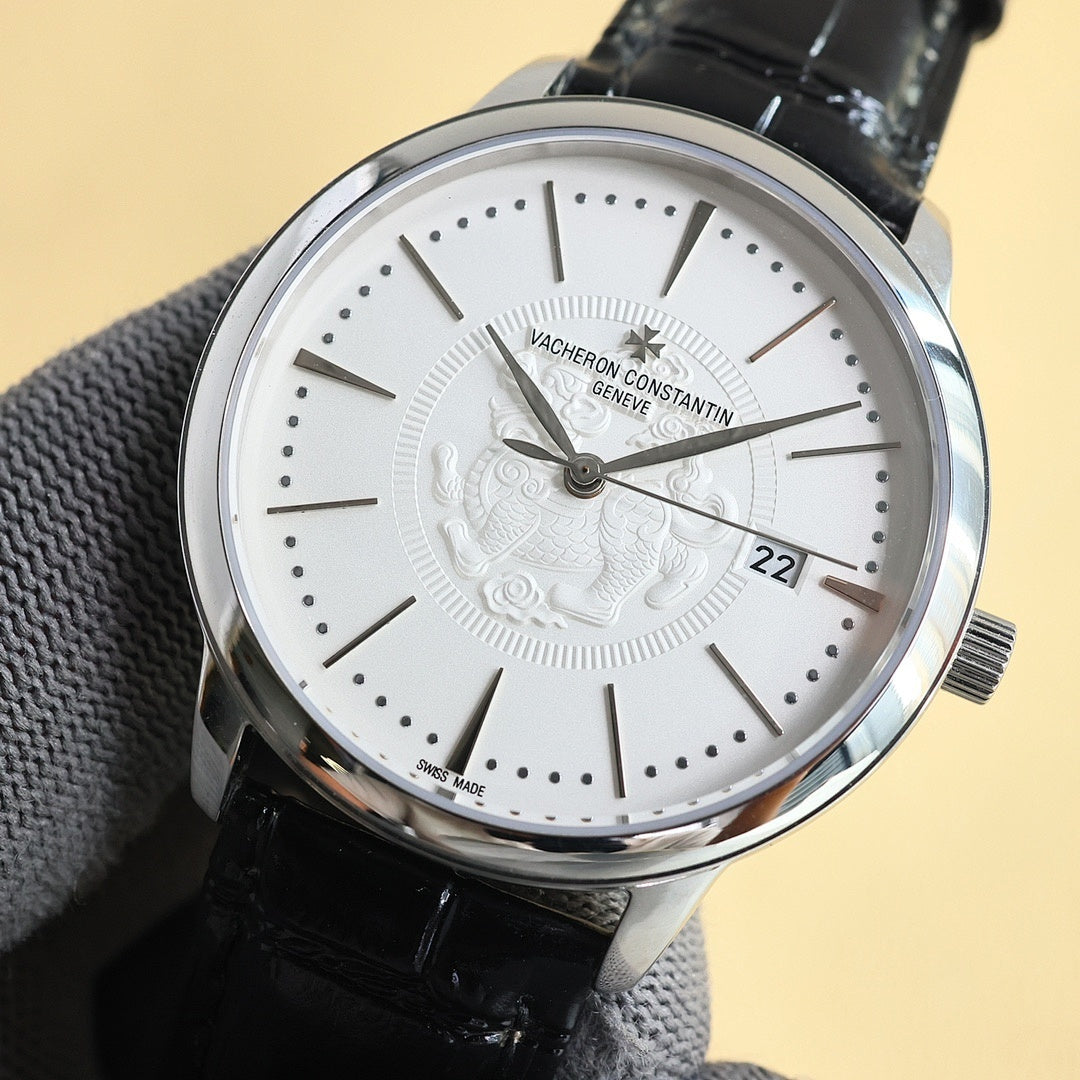 Steel watch, white dial, black leather strap, dot markers, date 22 window