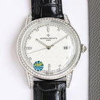 Silver wristwatch with white dial, diamond bezel, black leather strap and date window
