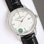 Silver wristwatch with white dial, diamond bezel, black leather strap, date 20