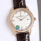 Rose gold wristwatch with white dial star pattern, diamond bezel, brown leather strap