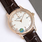 Rose gold wristwatch with white dial, diamond bezel, brown leather strap, date window